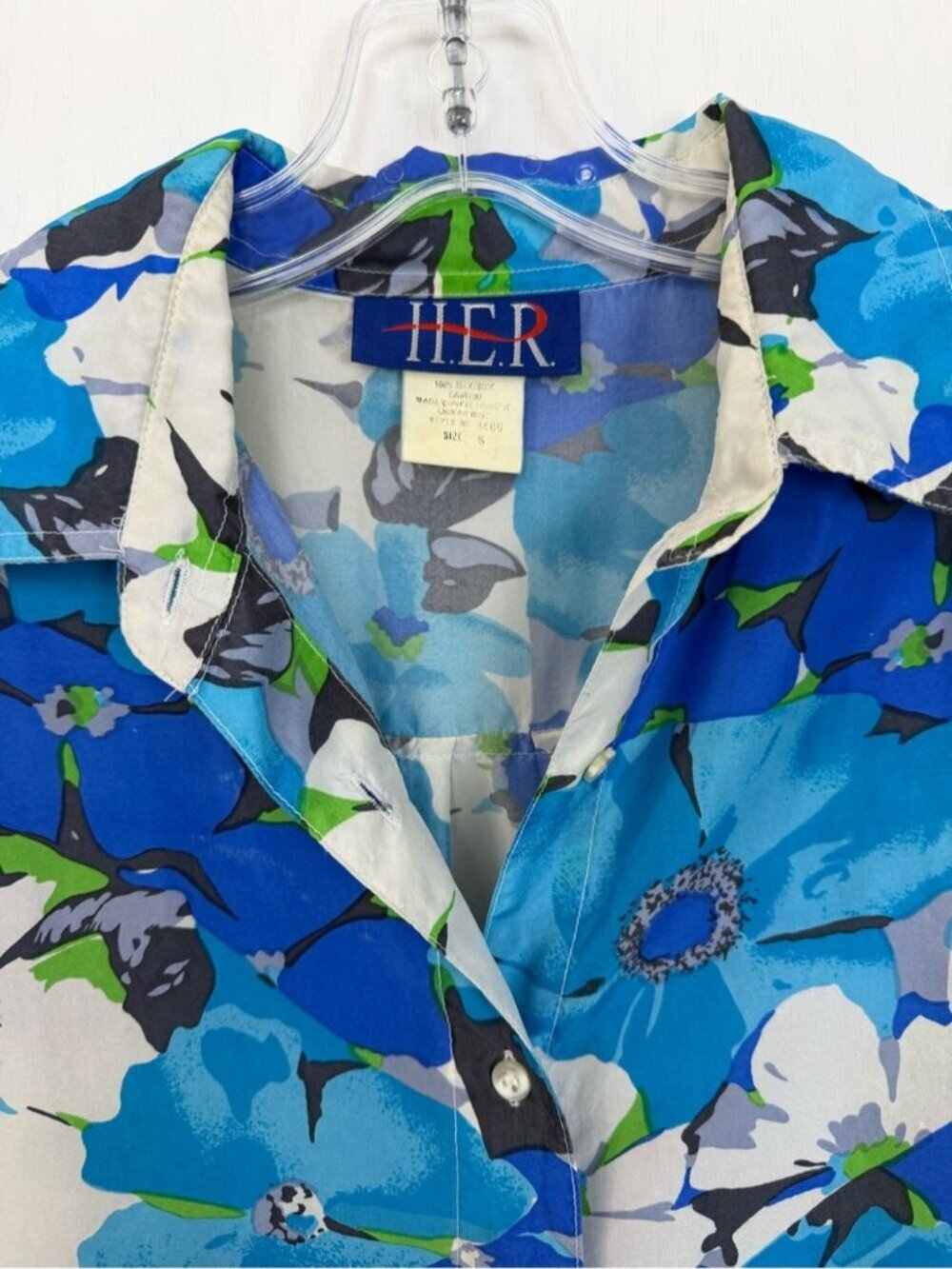 Vintage Silk Floral Short Sleeve Button Up Shirt Size Small Blue 80s 90s - Picture 3 of 5